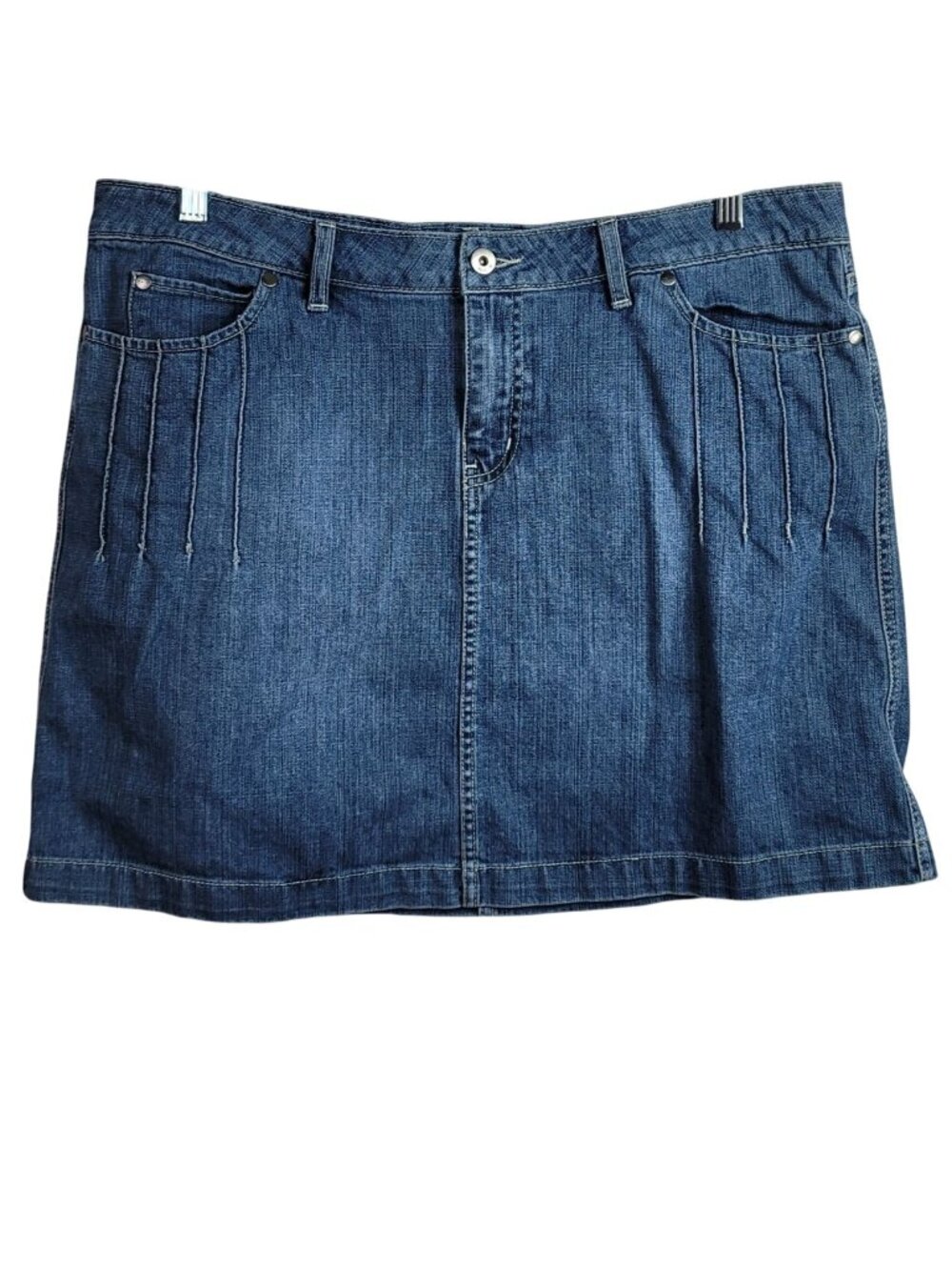 Noir Women Denim Mini Skirt Blue SZ 14 A Line Zip Pocket Seam Detail 100% Cotton